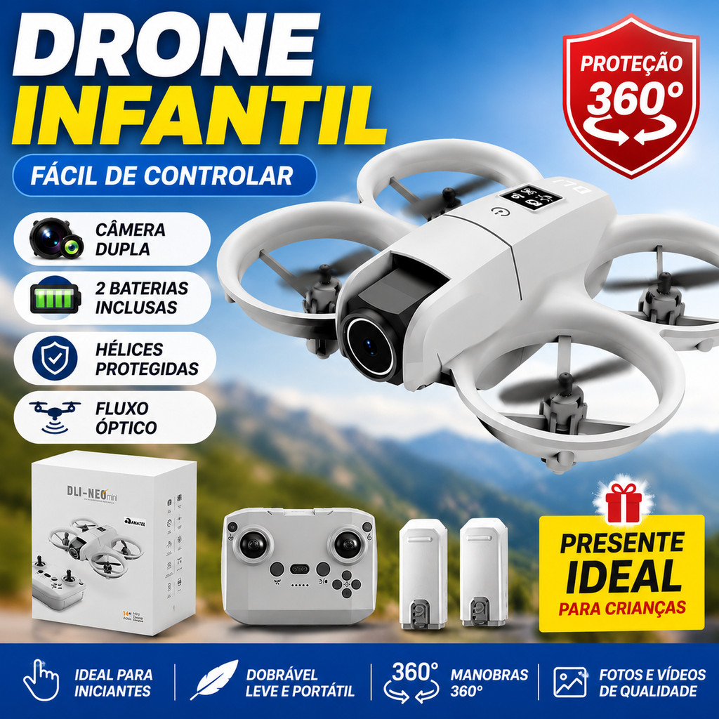 DLI Drone Infantil 4K Com 2 Câmeras Controle Remoto Dobrável Para Crianças