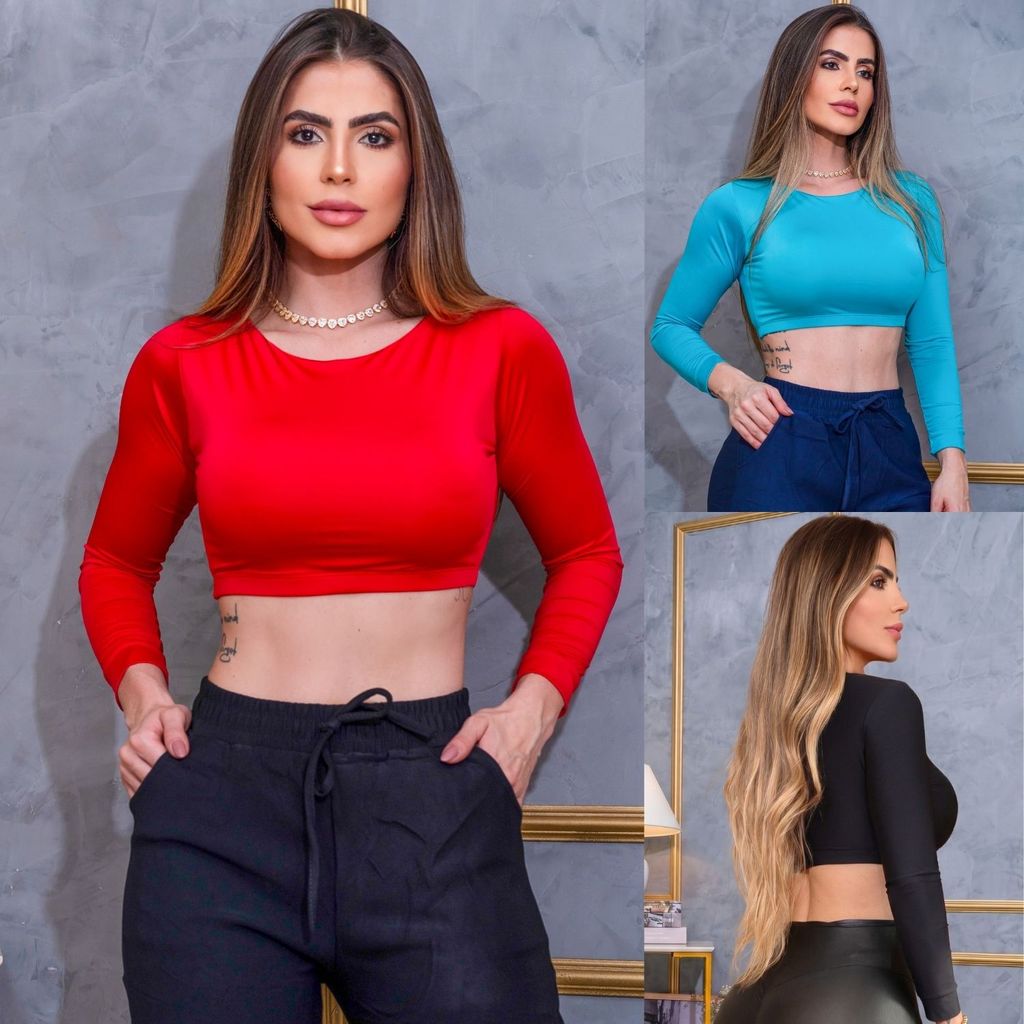 Cropped Feminino Manga Longa Sem Bojo Treinos Casual Dia a Dia Elegante Moda Luxo Conforto Promoção