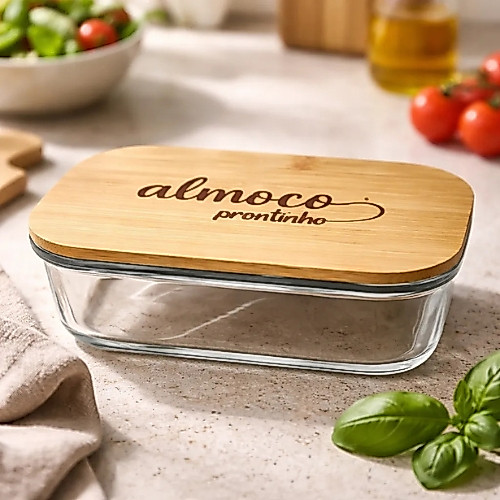 Pote de Vidro com Tampa de Bambu Personalizada Marmita Hermética Porta Alimentos Organizador Cozinha Pote de Vidro Luxo.
