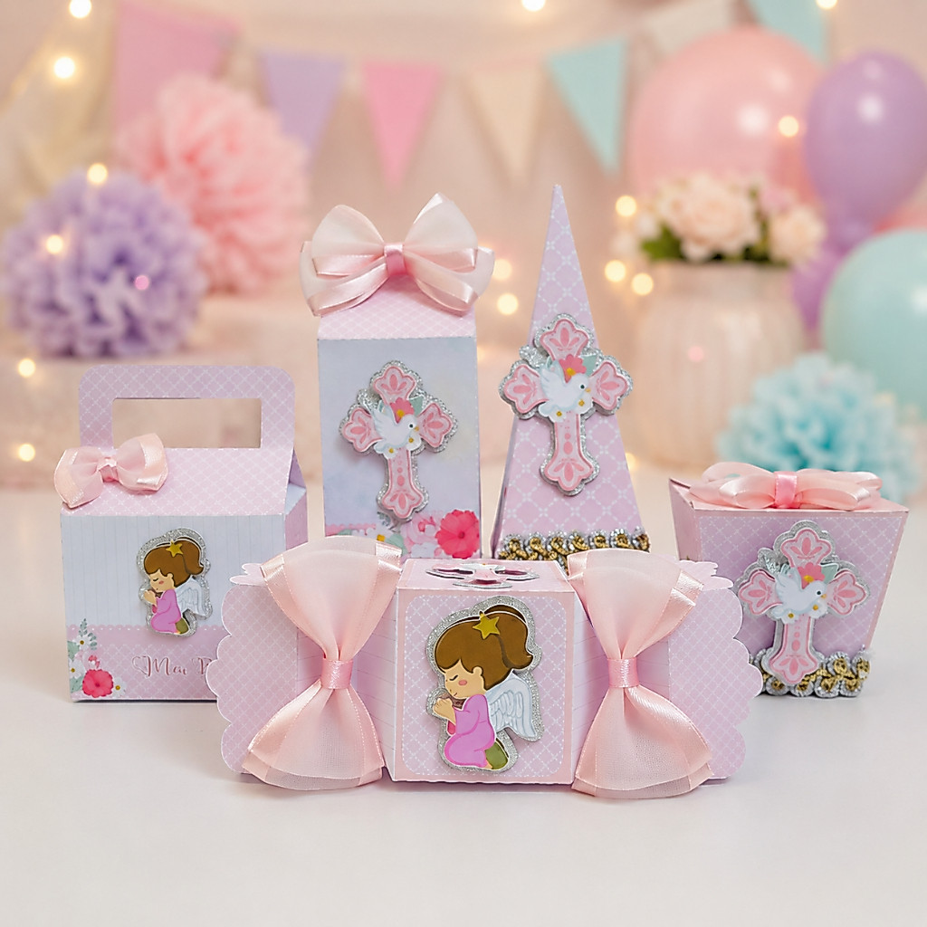Kit Festa Batizado Menina Lembrancinhas Personalizadas Caixinhas Para Doces Batismo Anjinho Rosa Delicado