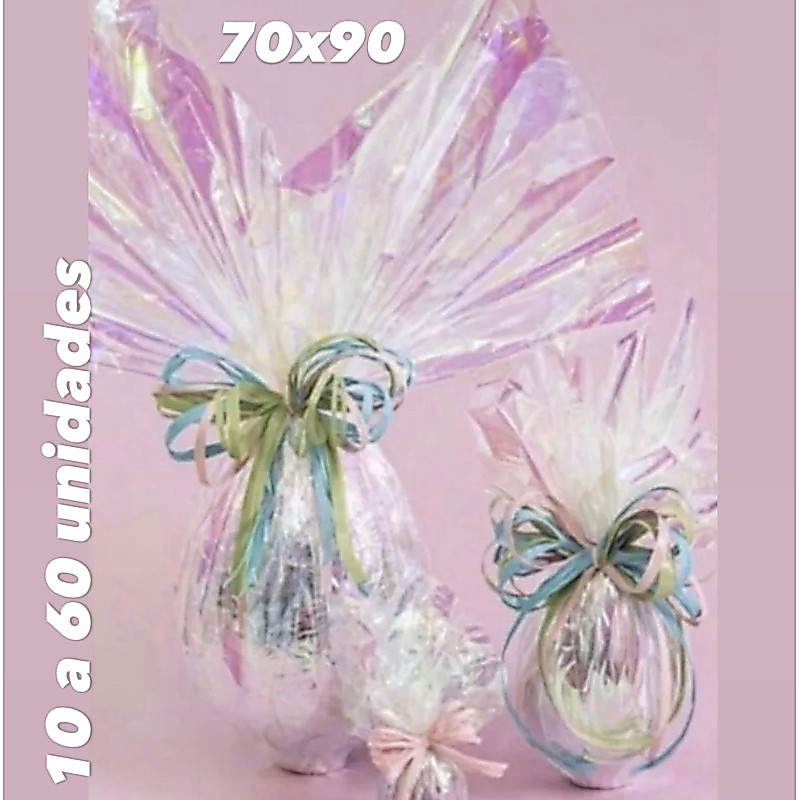 Kit Embalagem folha de ovo de Páscoa nacarado furta-cor 70x90 cm