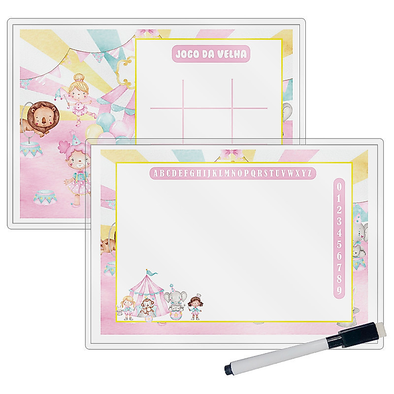 Kit 10 Lousa Mágica Catalogada + Caneta E Apagador Lembrancinha Festa Infantil Circo Rosa Aquarela