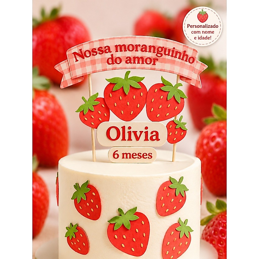 Topo de Bolo Moranguinho Personalizado Nome e Idade | Mêsversário e Aniversário Infantil - ENVIO RÁPIDO
