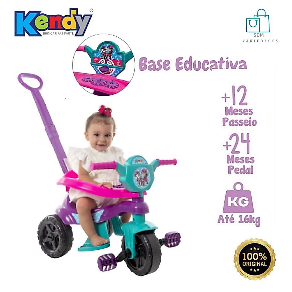 Motoca triciclo infantil com pedal, apoio para os pés, empurrador removivel, todos os itens montaveis