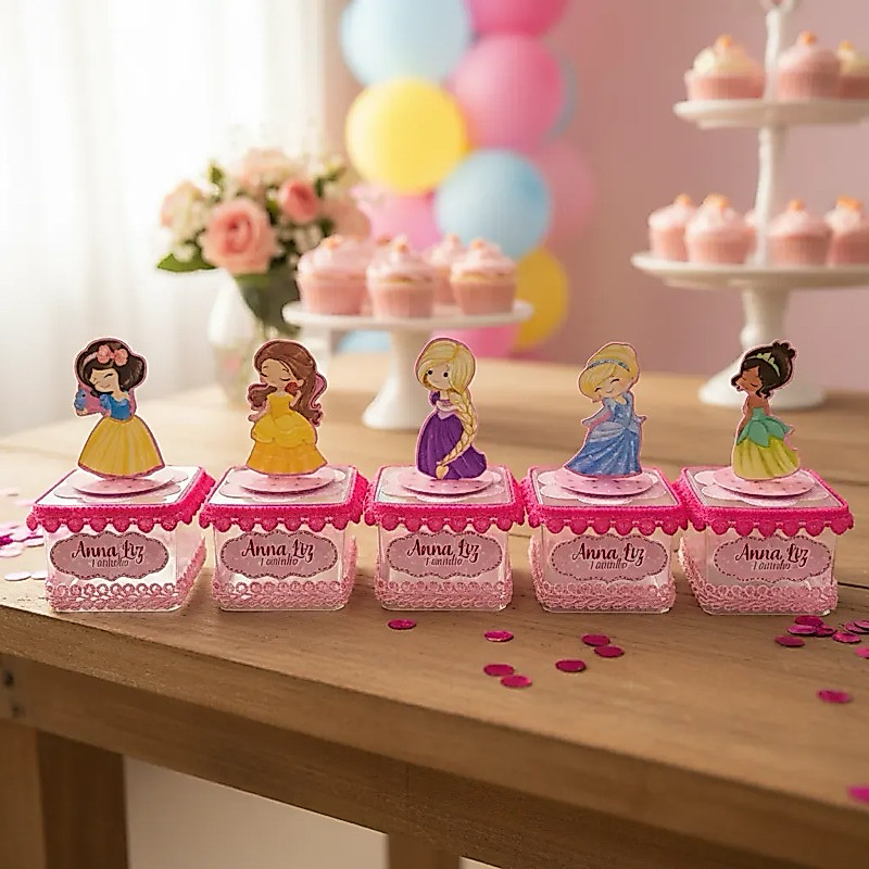 Kit 10 Caixas Acrílica 5x5 Princesas Cute Lembrancinha Personalizada Luxo | Festa Infantil