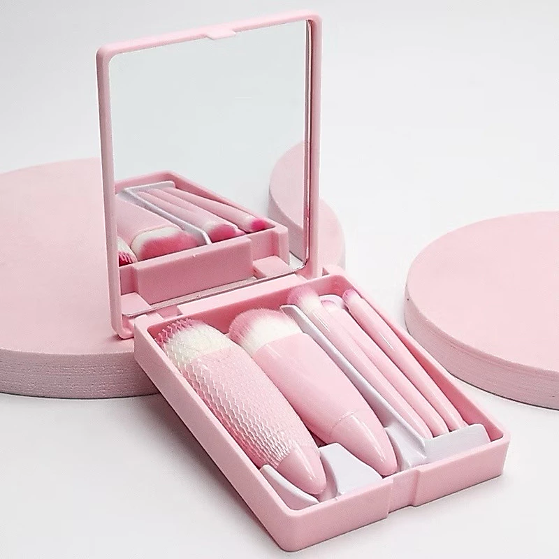 10 conjuntos -Novos Mini Espelho De Maquiagem Portátil Com 5 Pcs Pincéis De Maquiagem Lupa Mão Segurar Bolso Dobrável