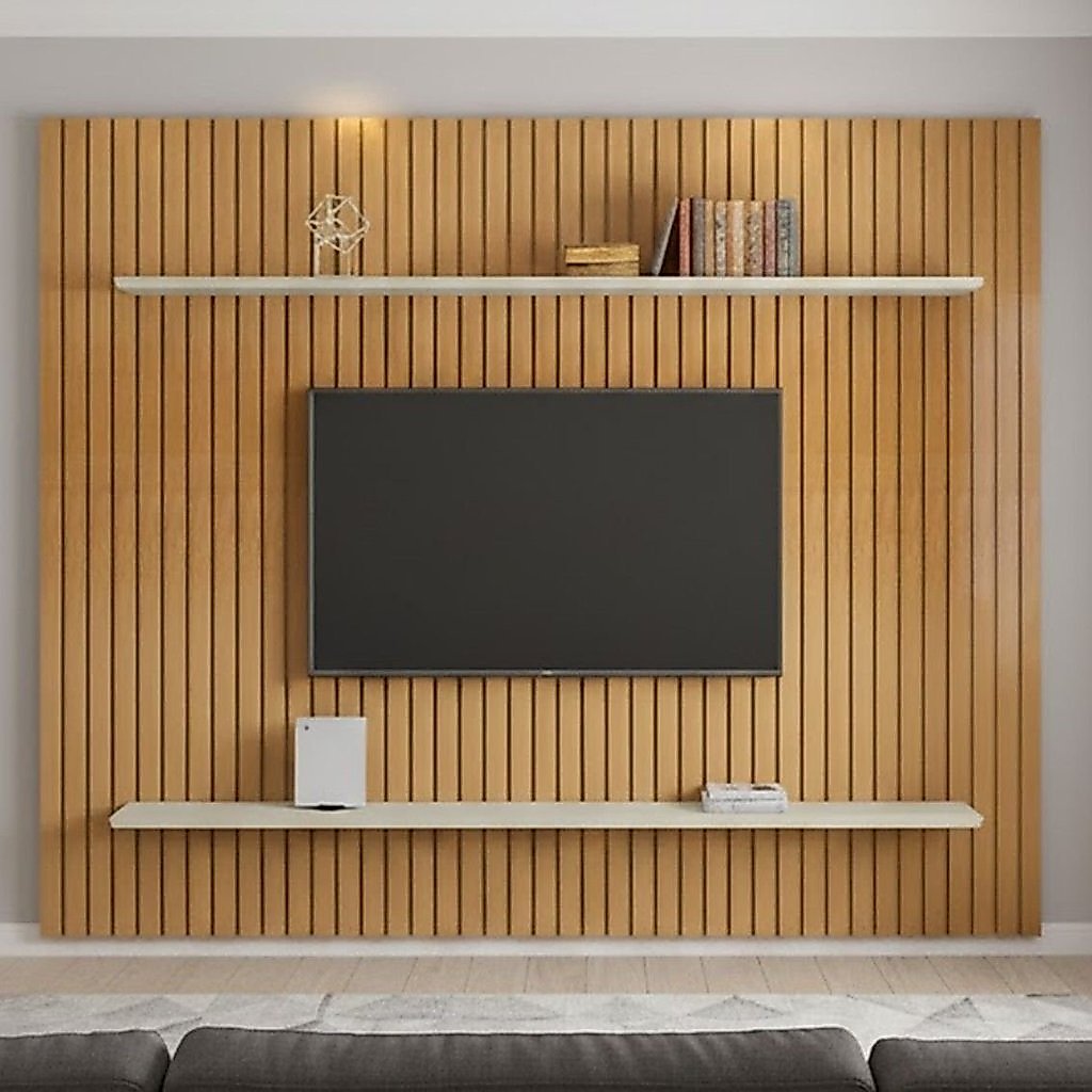 Painel para TV até 75 Polegadas Ripado 100% MDF 220x230cm Marrom Roma Cinamomo/Off White