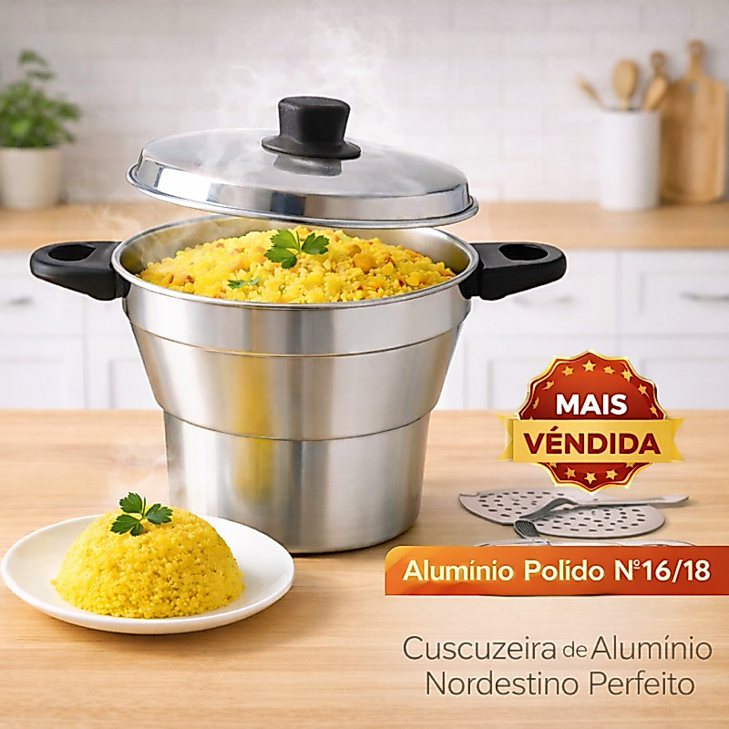 Cuscuzeira de Alumínio Polido n° 14/ 16cm /18cm Leve e Resistente – Cuscuz Nordestino Perfeito