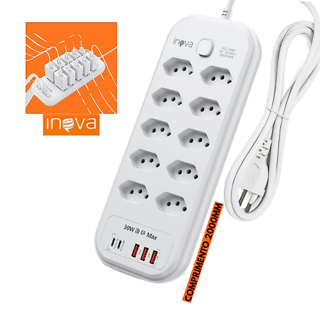 INOVA Filtro de Linha com 10 Tomadas 2500W Extensão Universal 3 USB 2 Tipo C 10A 110V/220V 2 Bivolt