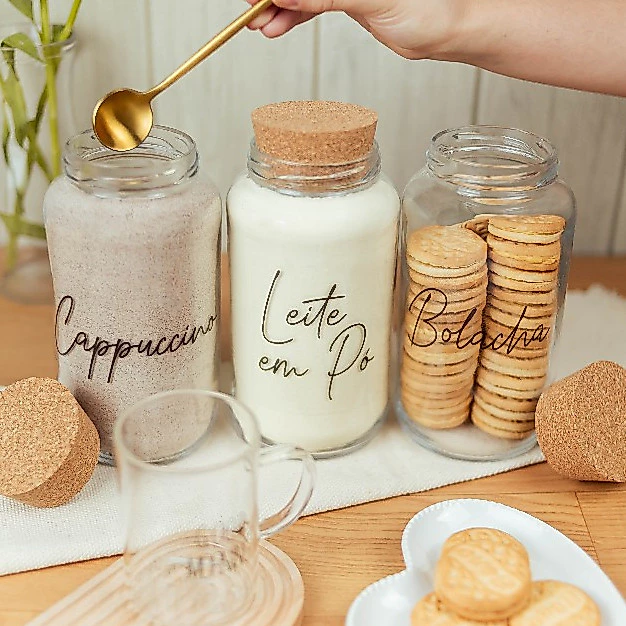 Kit 3 Potes de Vidro 810ml | Cappuccino, Leite em pó e Biscoitos ou Bolacha | Cantinho do Café com Tampa Rolha, Adesivos
