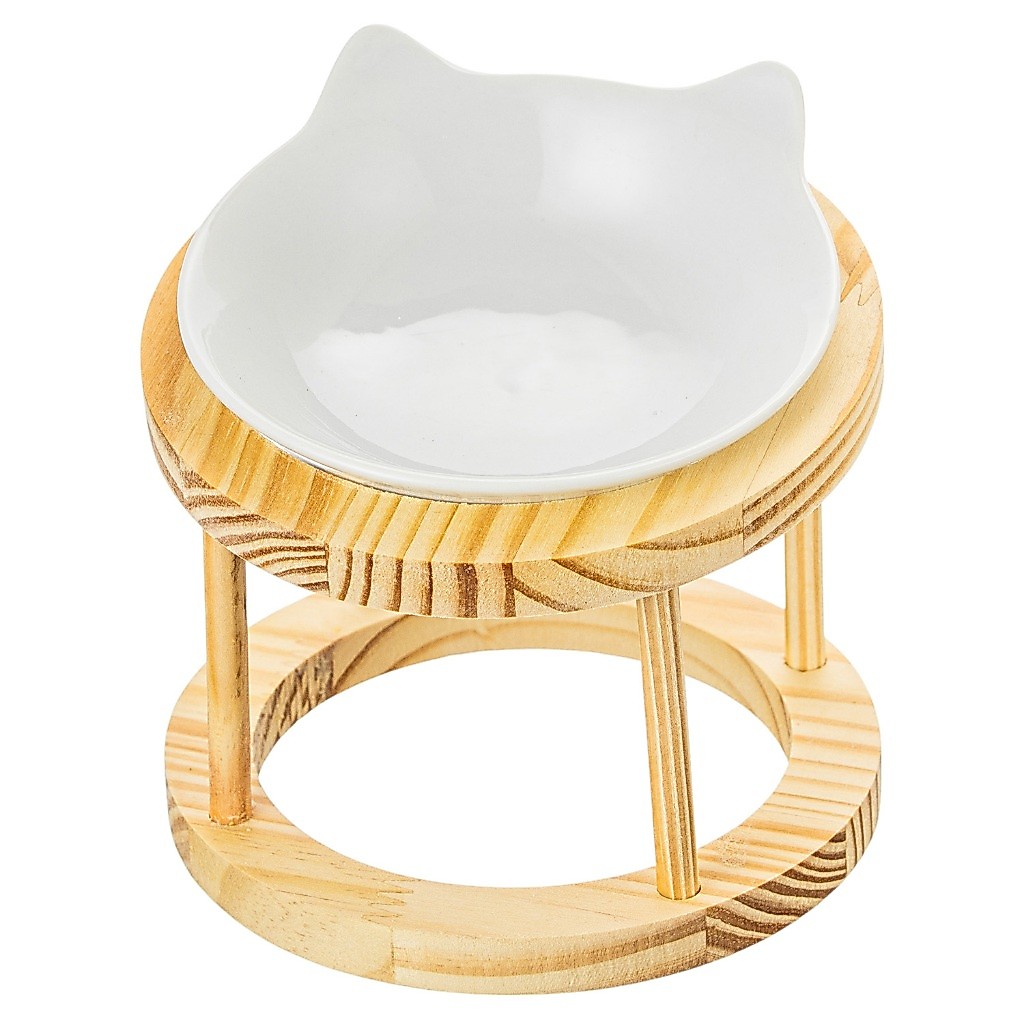 Comedouro Gato Elevado– Tigela 320m Porcelana Pet Vasilha Pote Comida Prato Gatinho Suporte Madeira