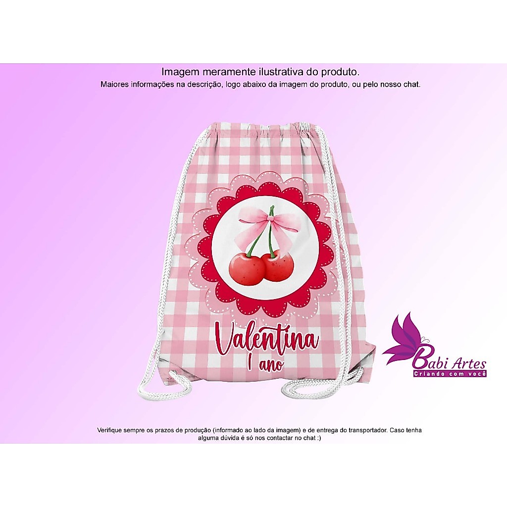 Mochilinha Saco Personalizada Cereja Festa Aniversário Lembrancinha Saquinho Infantil