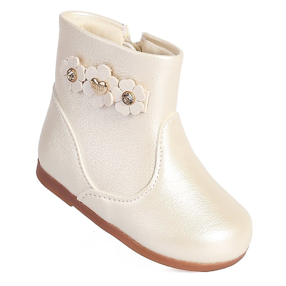 Bota Infantil Menina Klin Miss Off White Perolizado com Flores e Zíper