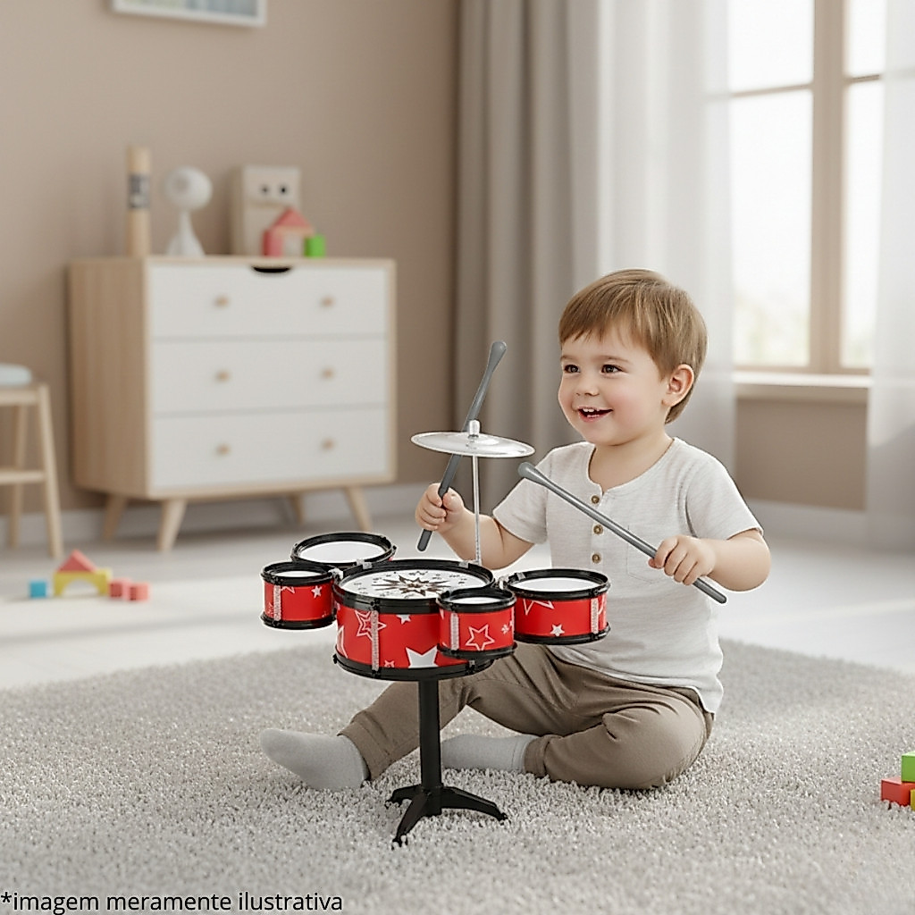 Bateria Infantil Instrumento Musical 5 Tambores Azul e Vermelho Brinquedo Infantil