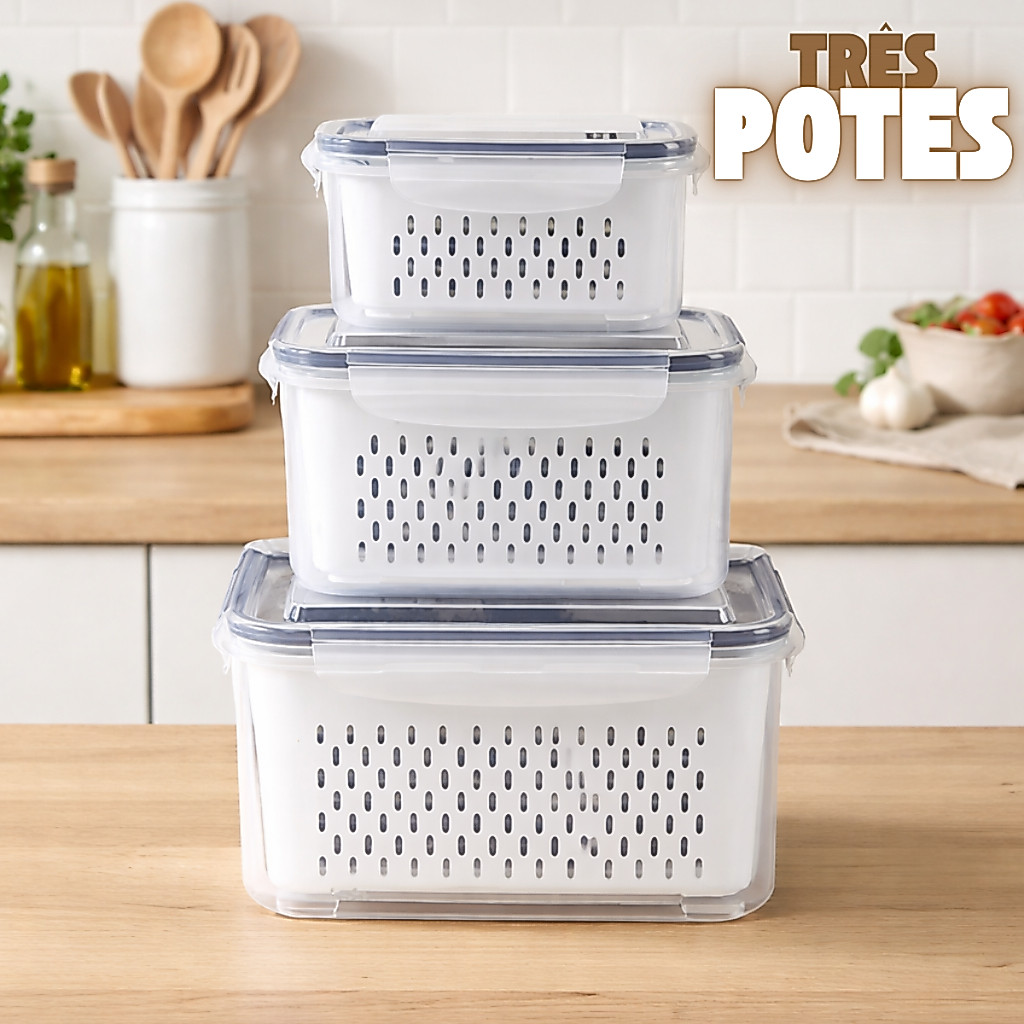 Organizador com 3 potes Herméticos De Geladeira para frutas, alimentos inclui Cesto tampa