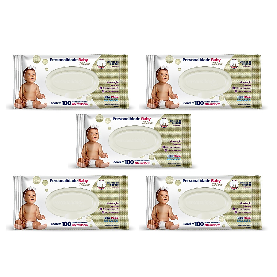 Kit 5 Pacotes Toalha Umedecida Personalidade Baby 100 unidades EQ.1