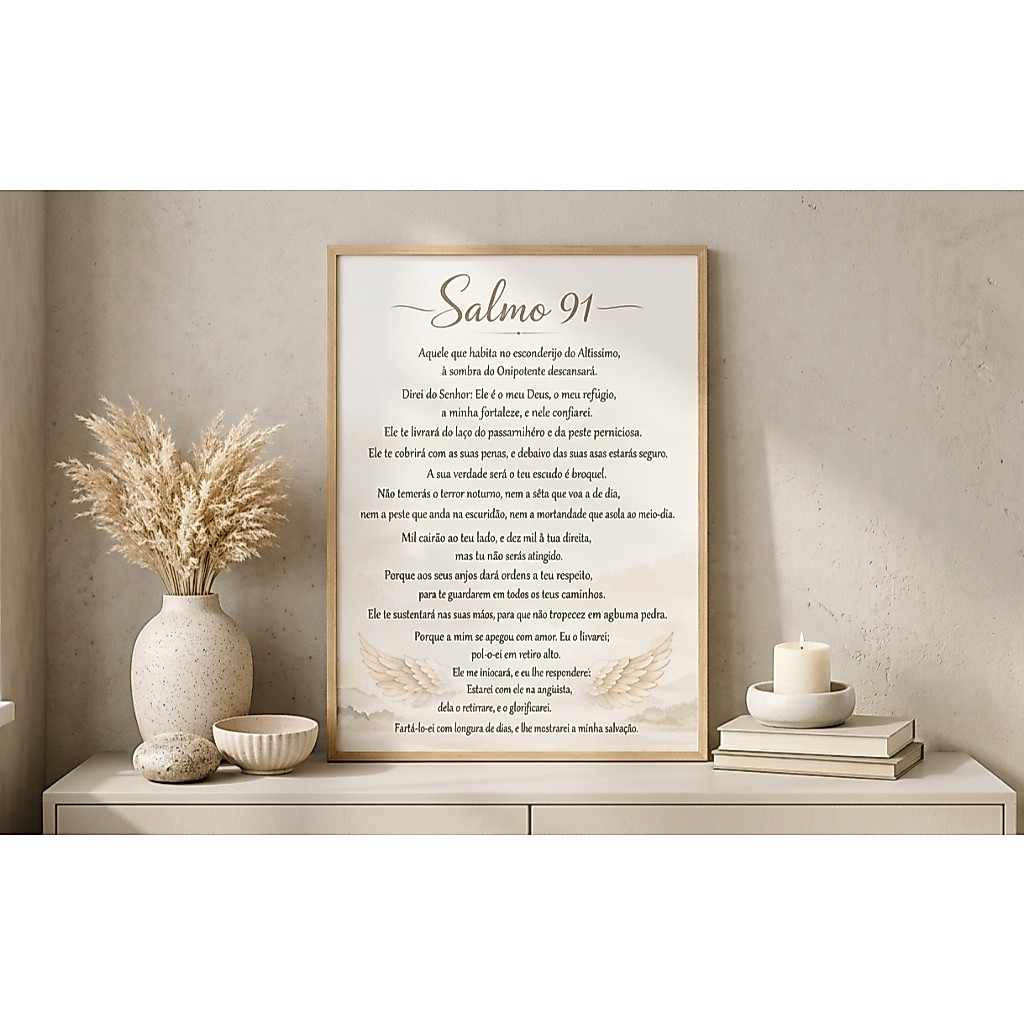 Quadro Decorativo Salmo 91 40x60cm Oração Bíblica Proteção Divina Arte Religiosa Cristã Decoração Sala Quarto Moldura
