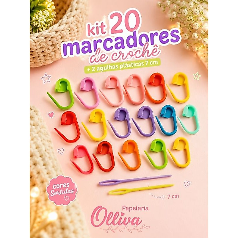 KIT 20 MARCADORES DE CROCHE + 2 AGULHAS TAPECEIRO