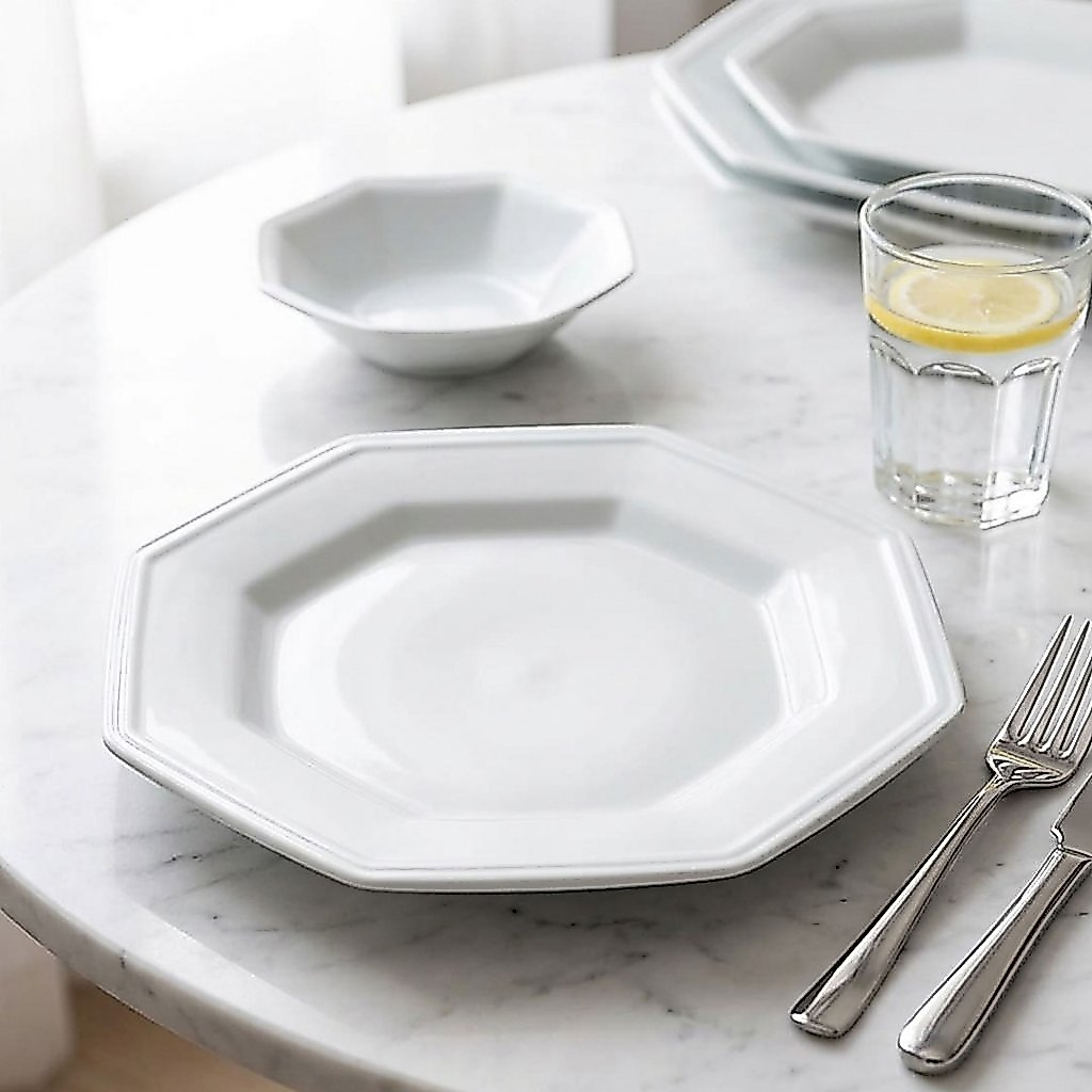 Jogo de Pratos Rasos Porcelana Branca Octogonal 28cm Schmidt Prisma Reforçada Restaurante
