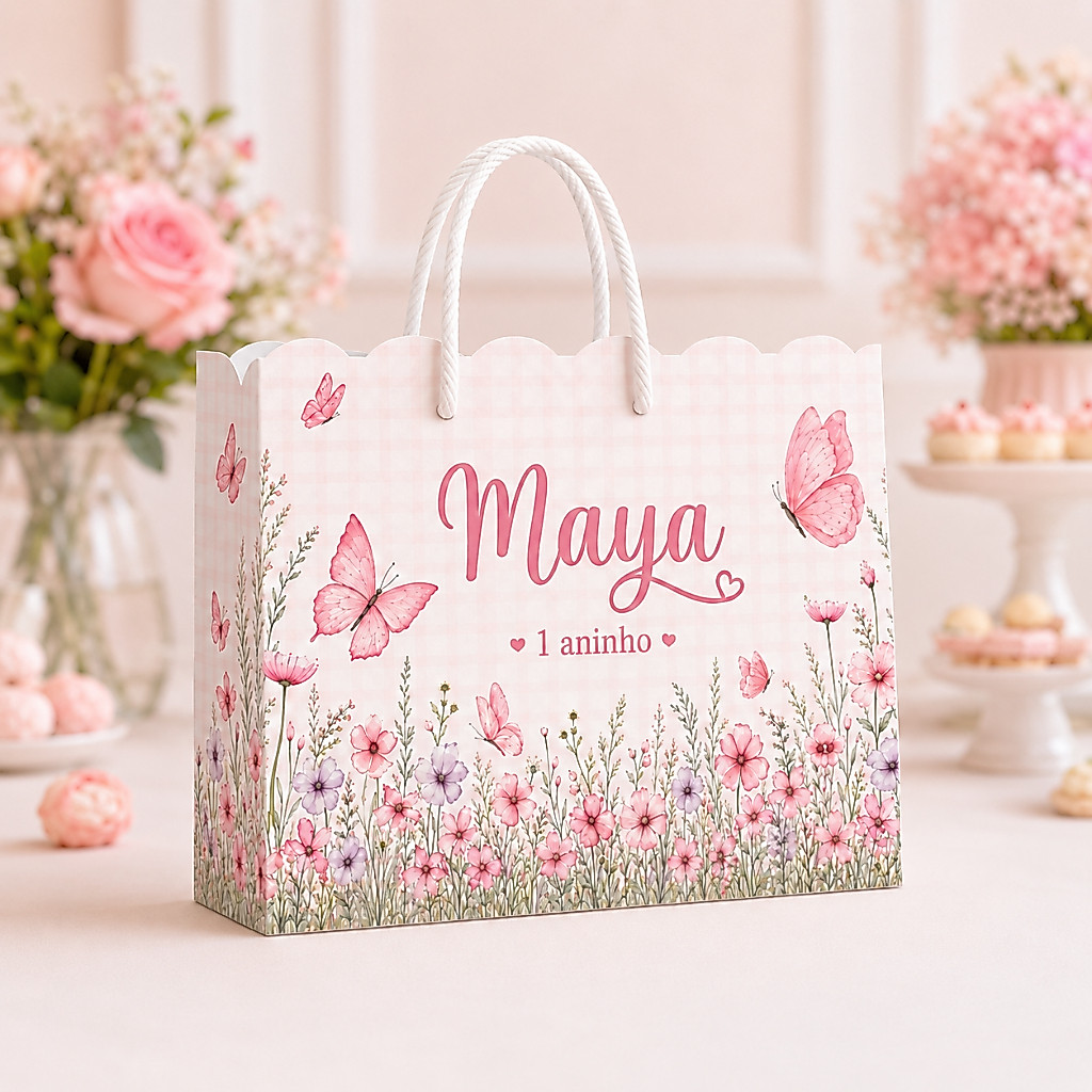 Sacola Personalizada Jardim das Borboletas Rosa 2 Lembrancinha de Aniversário Infantil Pegue e monte