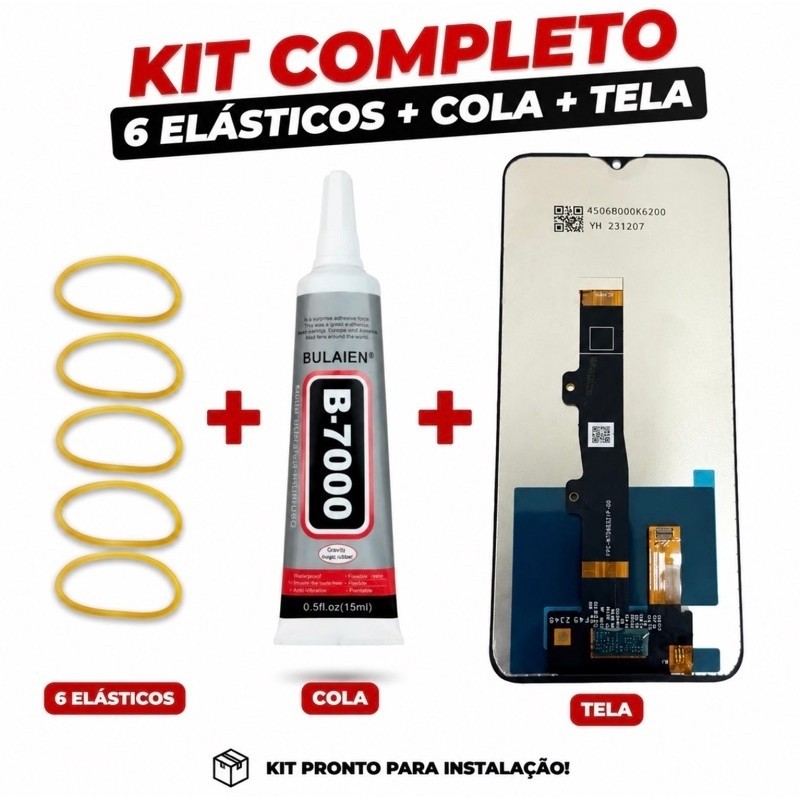 Tela Frontal Display + Cola top + 6 Elasticos Compativel Moto E7 Xt2095 Original Premium + Cola Envio Rapido