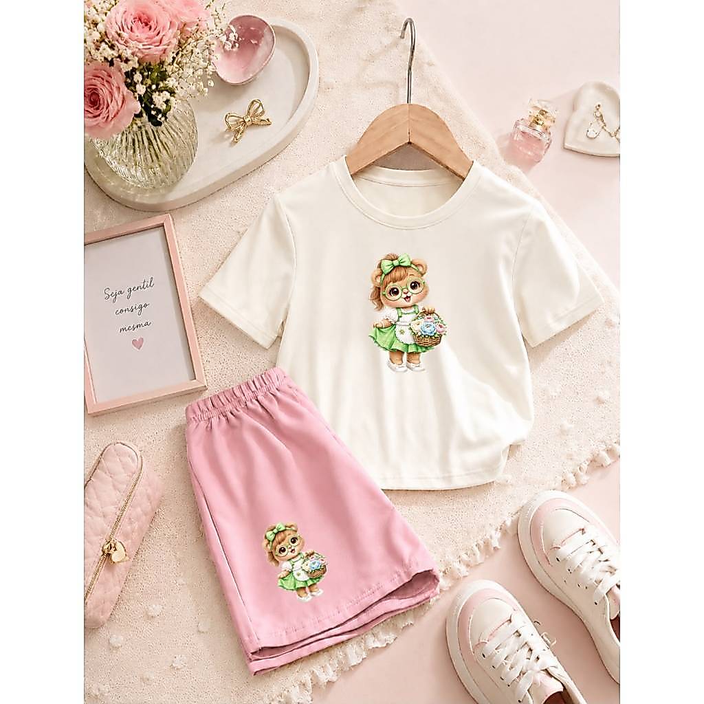 Conjunto de Roupa Infantil Feminino Camiseta Básica e Short de Moletom Confortável e Versátil Estampa Esquilinha Fofa