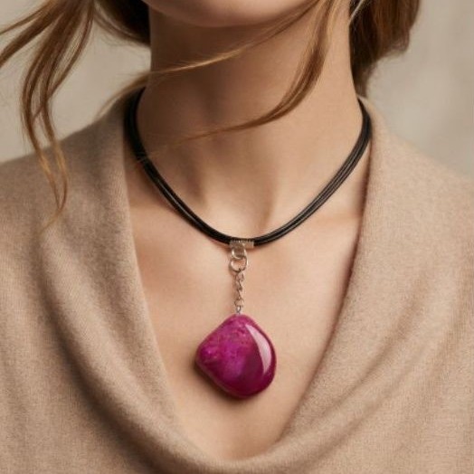 Colar Choker Feminino de Pedra Natural Verdadeira Artesanal com Couro Sintético Exclusivo Peças Unicas