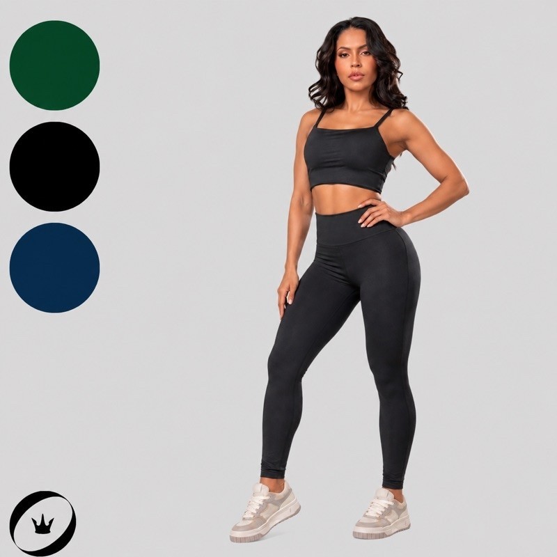 Conjunto Fitness Feminino Top Cropped e Legging Cintura Alta Poliamida Premium Academia Treino Zero Transparência P M GG