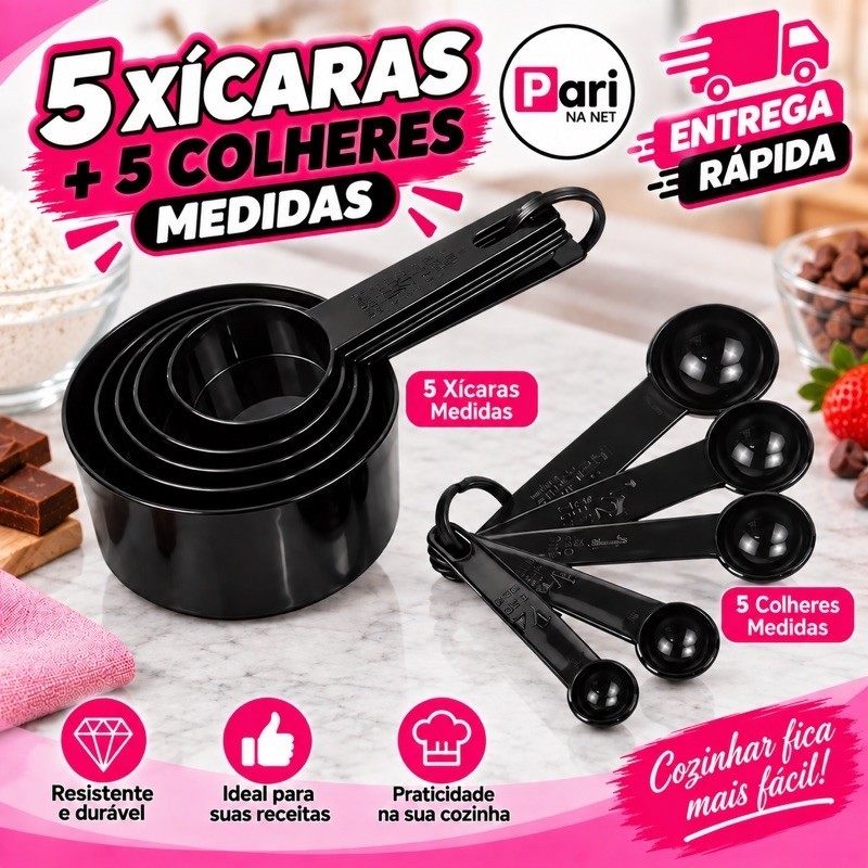 1 Jogo C/ 5 Xícaras + 5 Colheres Medidor Profissional Medida