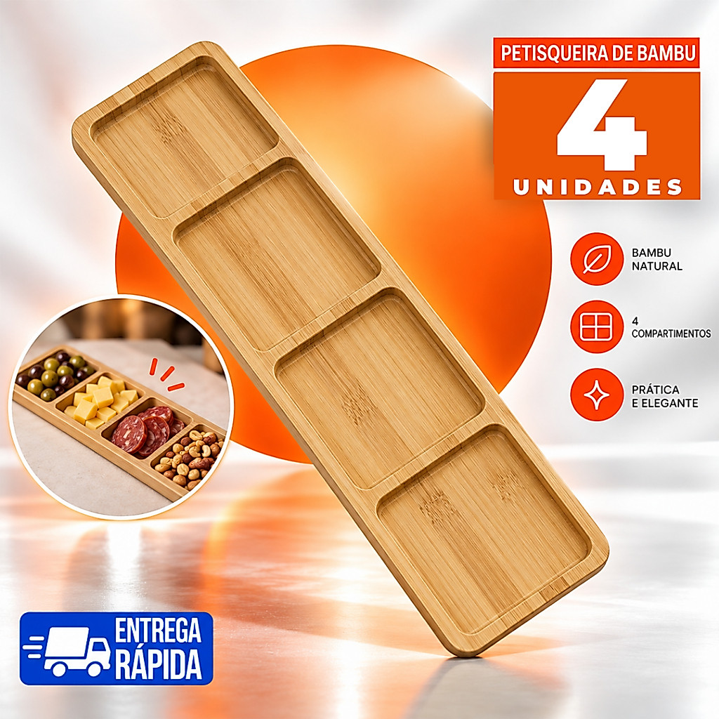 Kit 4 Unidades Petisqueira Bambu 3 Divisórias Para Tábua de Frios Petiscos Queijos Azeitona Mesa Bares Festa Eventos