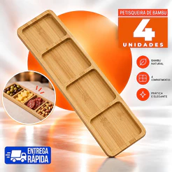 Kit 4 Unidades Petisqueira Bambu 3 Divisórias Para Tábua de Frios Petiscos Queijos Azeitona Mesa Bares Festa Eventos
