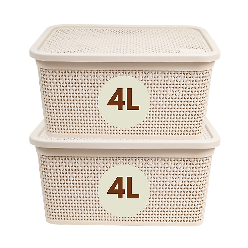 Kit 2 Cestos 4 Litros Caixa Organizadora Multiuso Rattan com Tampa Alças Laterais Cesto Organizador