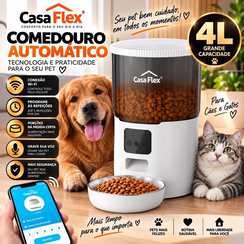 Alimentador Comedouro Pet Automático de Ração Wi-Fi 4 Litros para Cães e Gatos Dispensador Inteligente Bivolt