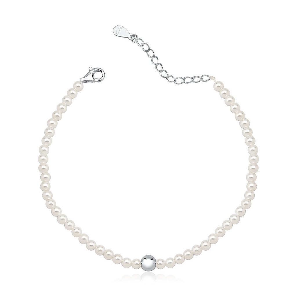 Pulseira Feminina de Prata 925 Pérolas e Bolinha