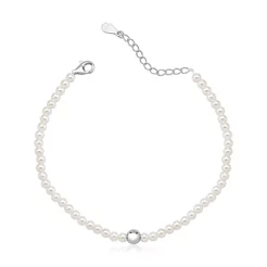 Pulseira Feminina de Prata 925 Pérolas e Bolinha