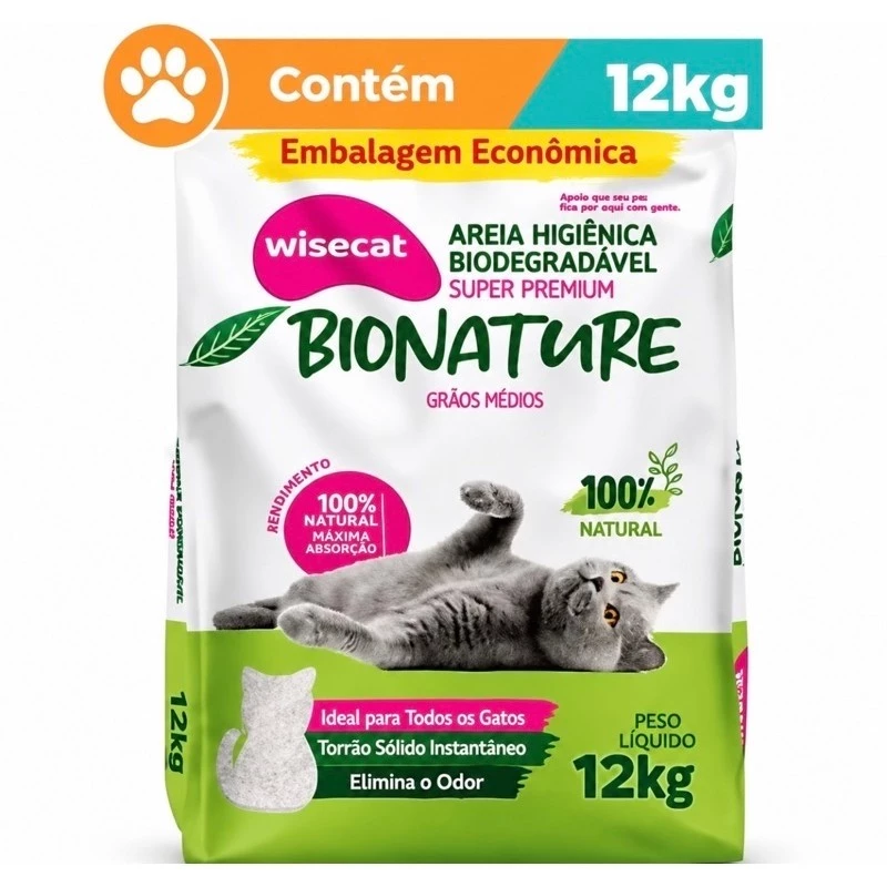 Areia Higiênica de Mandioca Biodegradavel 12Kg Para Gatos Wisecat Premium Granulado Bionature