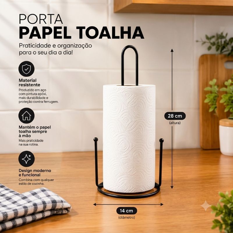 Porta Papel Toalha de Mesa Preto 28cm em Aço com Pintura Epóxi Suporte para Papel Toalha