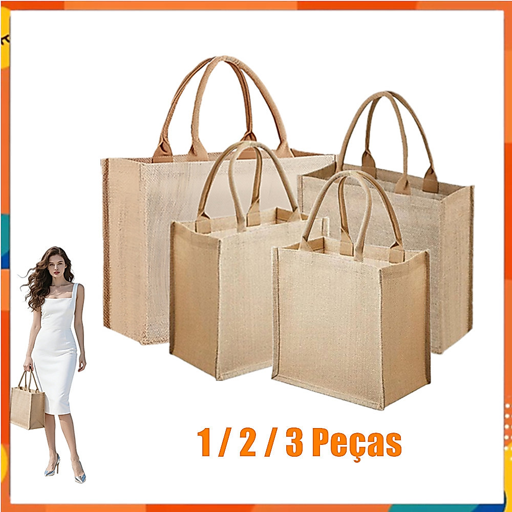 1-3 peças, bolsa de linho grosso, sacola de compras reutilizável para praia, bolsa tecida para presente feminino
