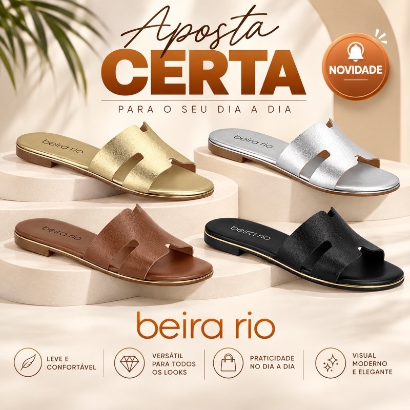 Sandália Feminina Beira Rio Rasteira Confortável Slide Tira em H Casual Leve Antiderrapante Original