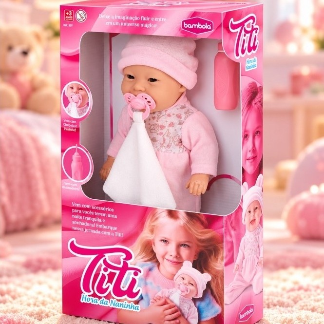 Boneca Bebê Titi hora da naninha 34cm Realista com Chupeta Mamadeira e Nani Vcnha +3 Anos tipo Reborn Bambola