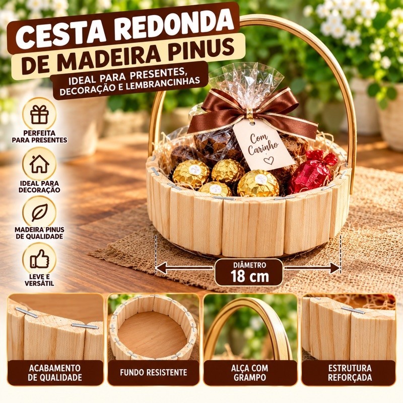 kit c/20 cestas redondas de madeira 18cm