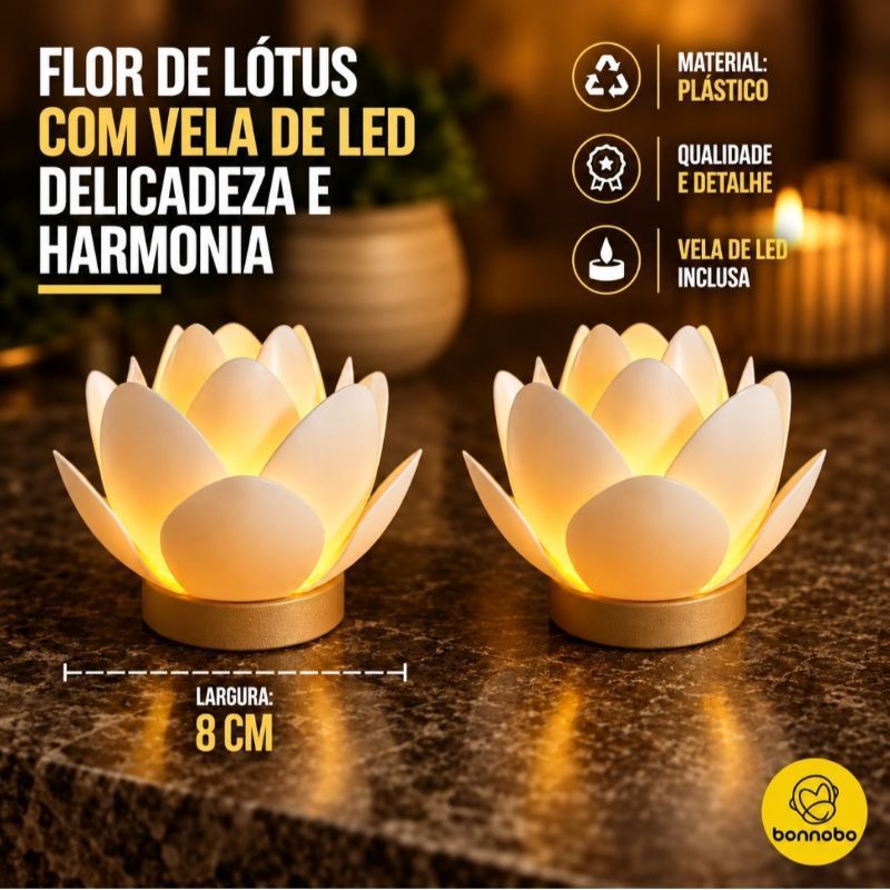 Flor de Lótus Decorativa com Luz LED – Enfeite Zen para Ambiente Relaxante - Inclui Velinha de LED.