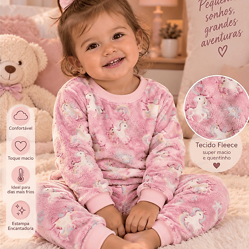 Pijama Bebê Menina Plush Fleece Quentinho Peluciado Conjunto de Frio