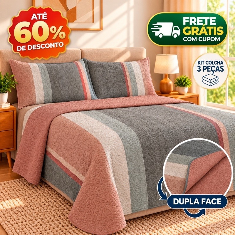 Kit Colcha Cobre Leito Casal Queen Dupla Face Estampado Matelado Fronhas C/zíper Linha Luxo Premium