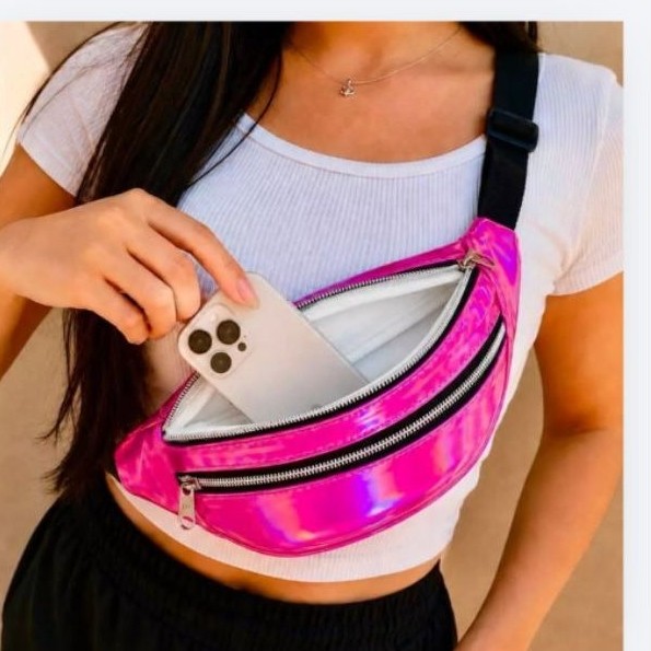 Pochete Holográfica Metalizada Neon 3 Zíperes Transversal Ajustável — imagem 2 de 2
