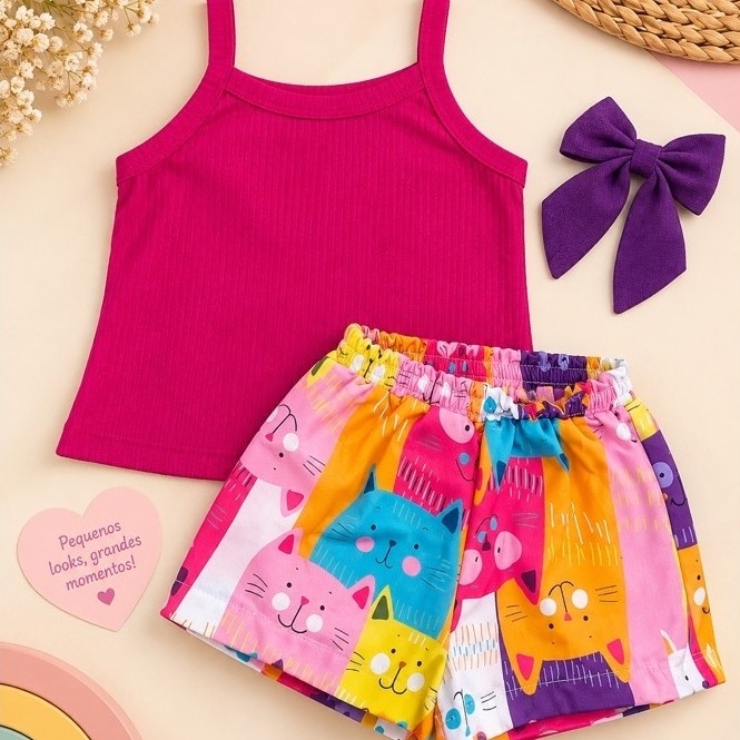 Conjunto verão menina, Conjunto Infantil Feminino Menina Bermuda Estampada + Blusa Canelada Menegotti 2 a 10 Anos