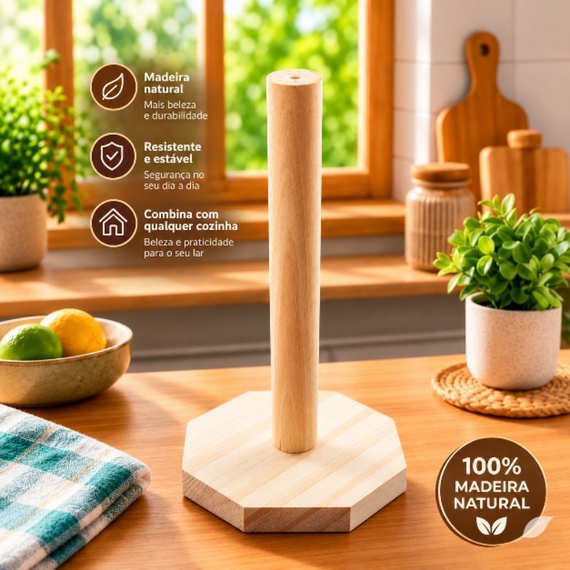 Suporte Porta Papel Toalha Madeira Natural Premium – Organizador Cozinha Elegante