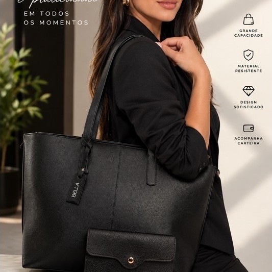kit Bolsa Sacola Feminina Grande BELLA + Necessarie Preta