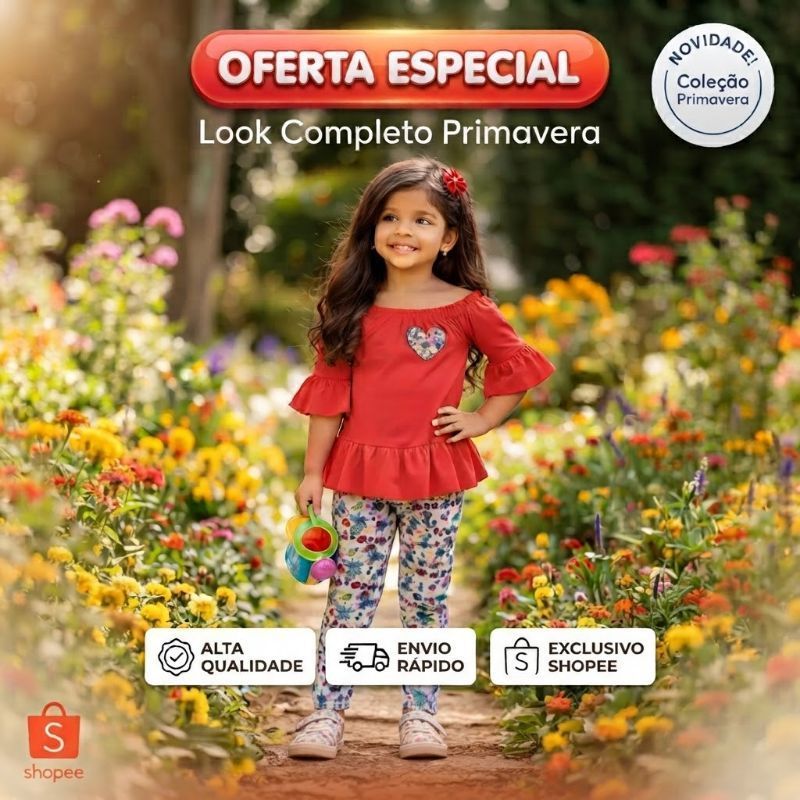 Conjunto Menina Blusa Canoa com Babados e Calça legg Cotton Estampa floral