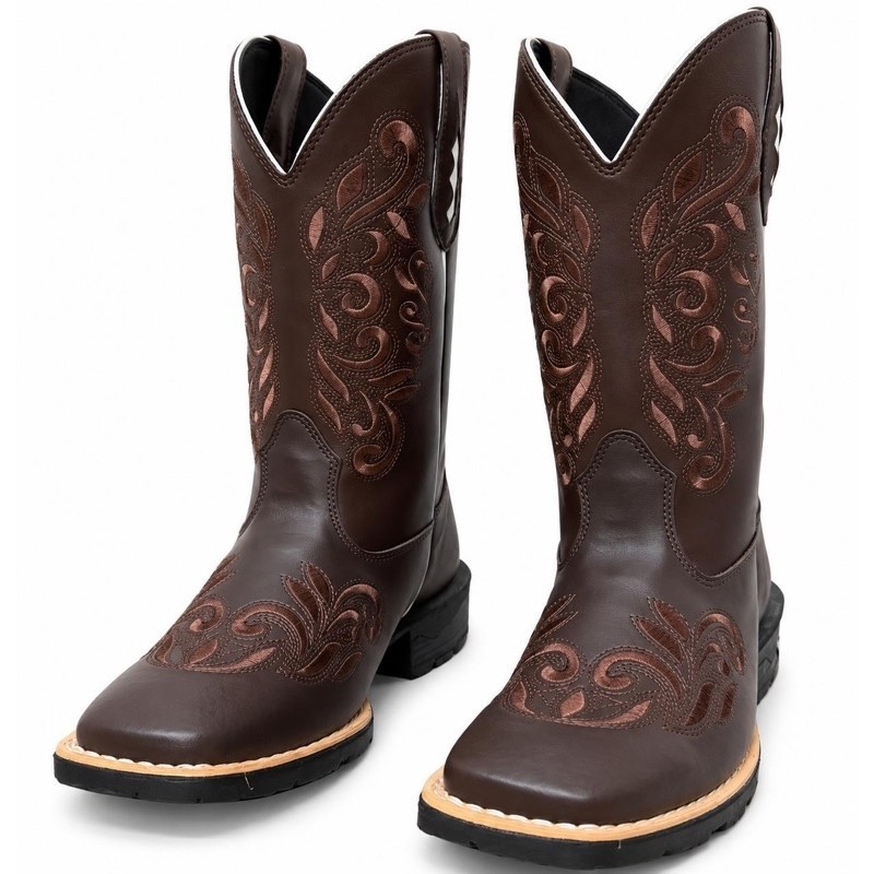 Bota Texana Feminina Country Café 🤎 Bordada  | Couro Ecológico | Bico Quadrado